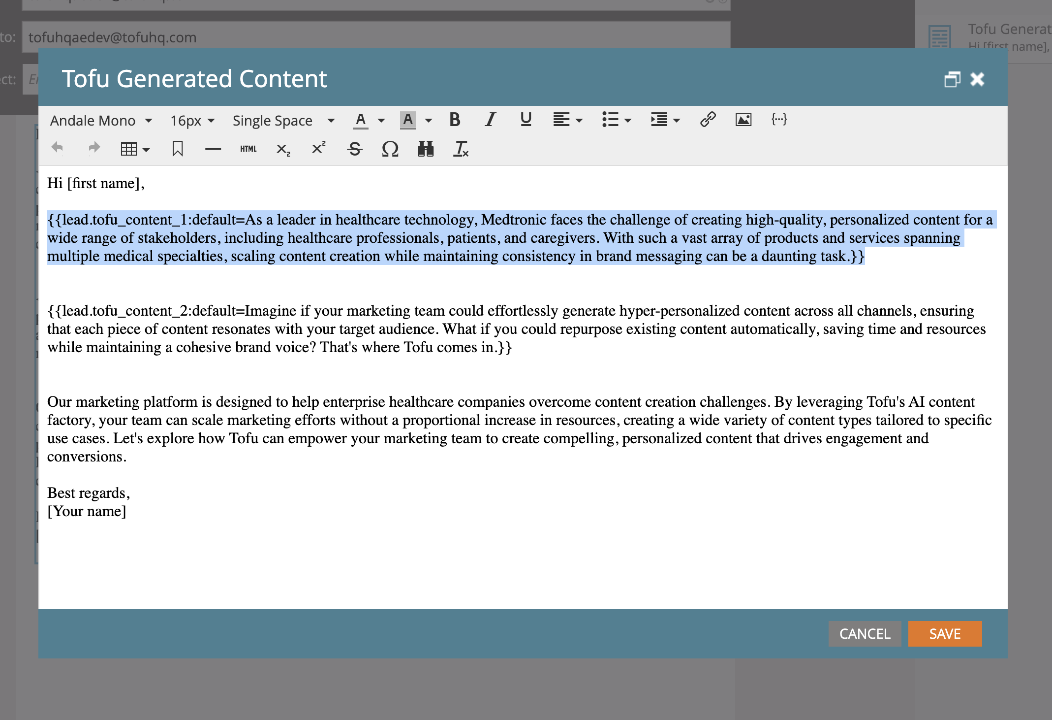 Marketo email editor showing the Tofu Generated Content block with multiple lead.tofu_content tokens