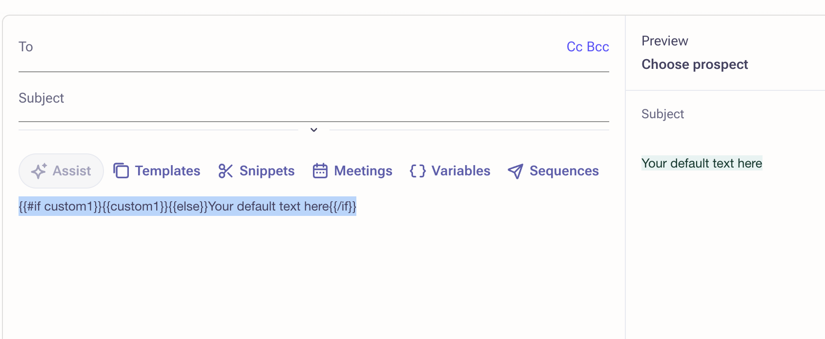 Outreach email editor showing the Handlebars conditional fallback syntax with a Preview pane rendering the default text