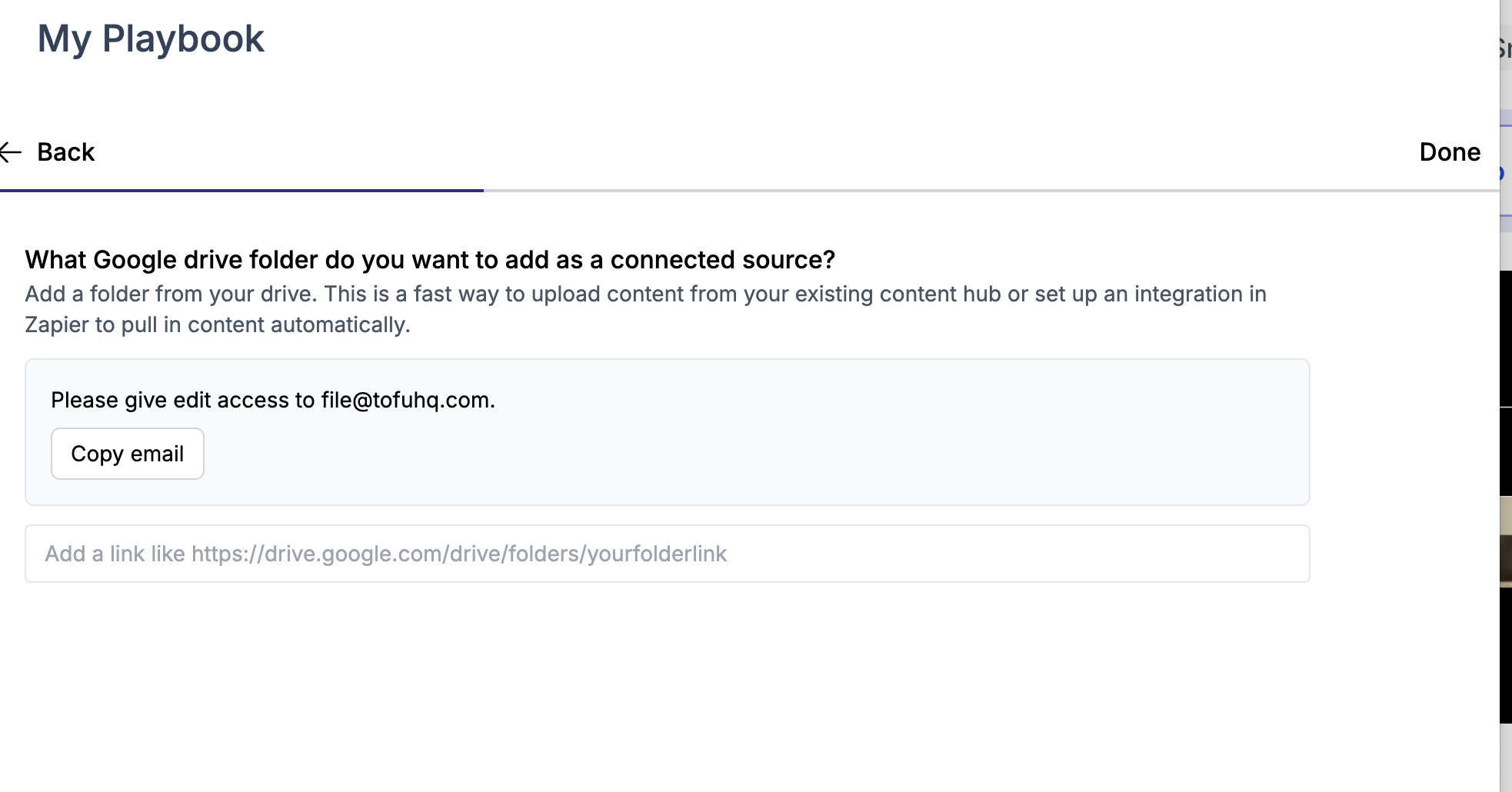Add a Google Drive folder dialog asking for the folder link and reminding the user to share edit access with file@tofuhq.com