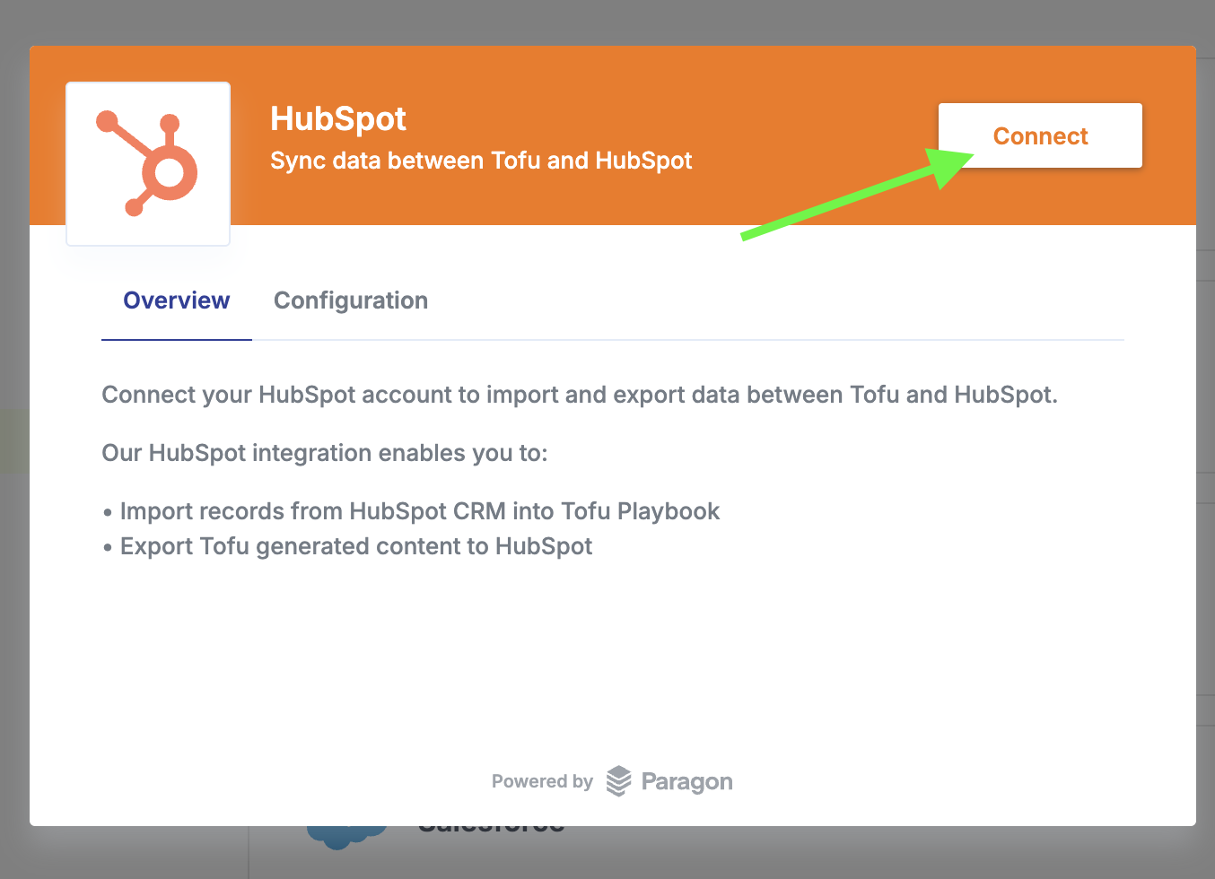 HubSpot connect confirmation pop-up