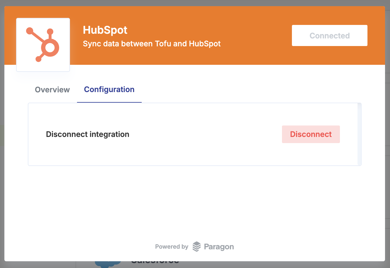 HubSpot integration successfully connected in Tofu