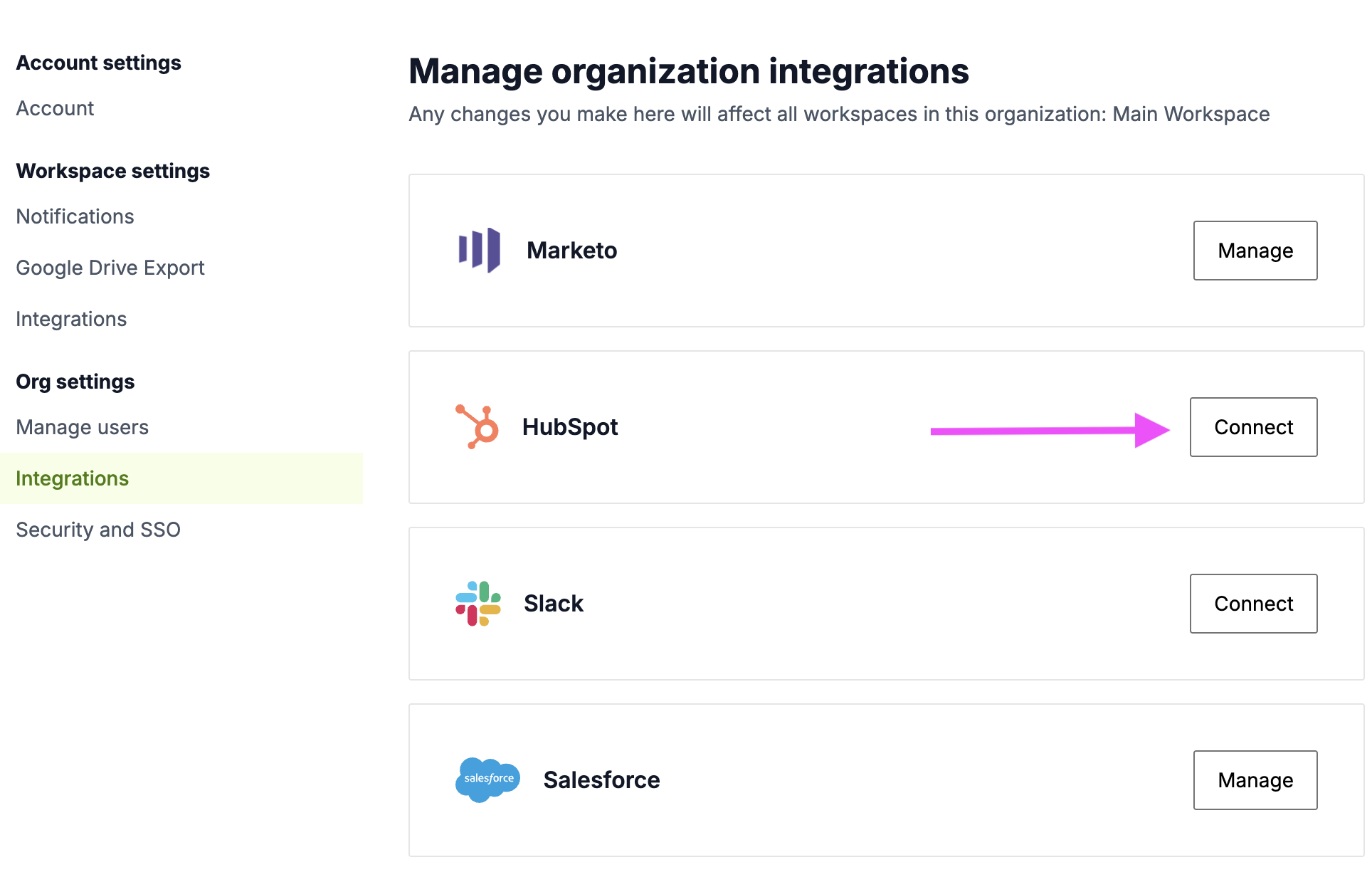 Tofu org settings showing the HubSpot Connect button