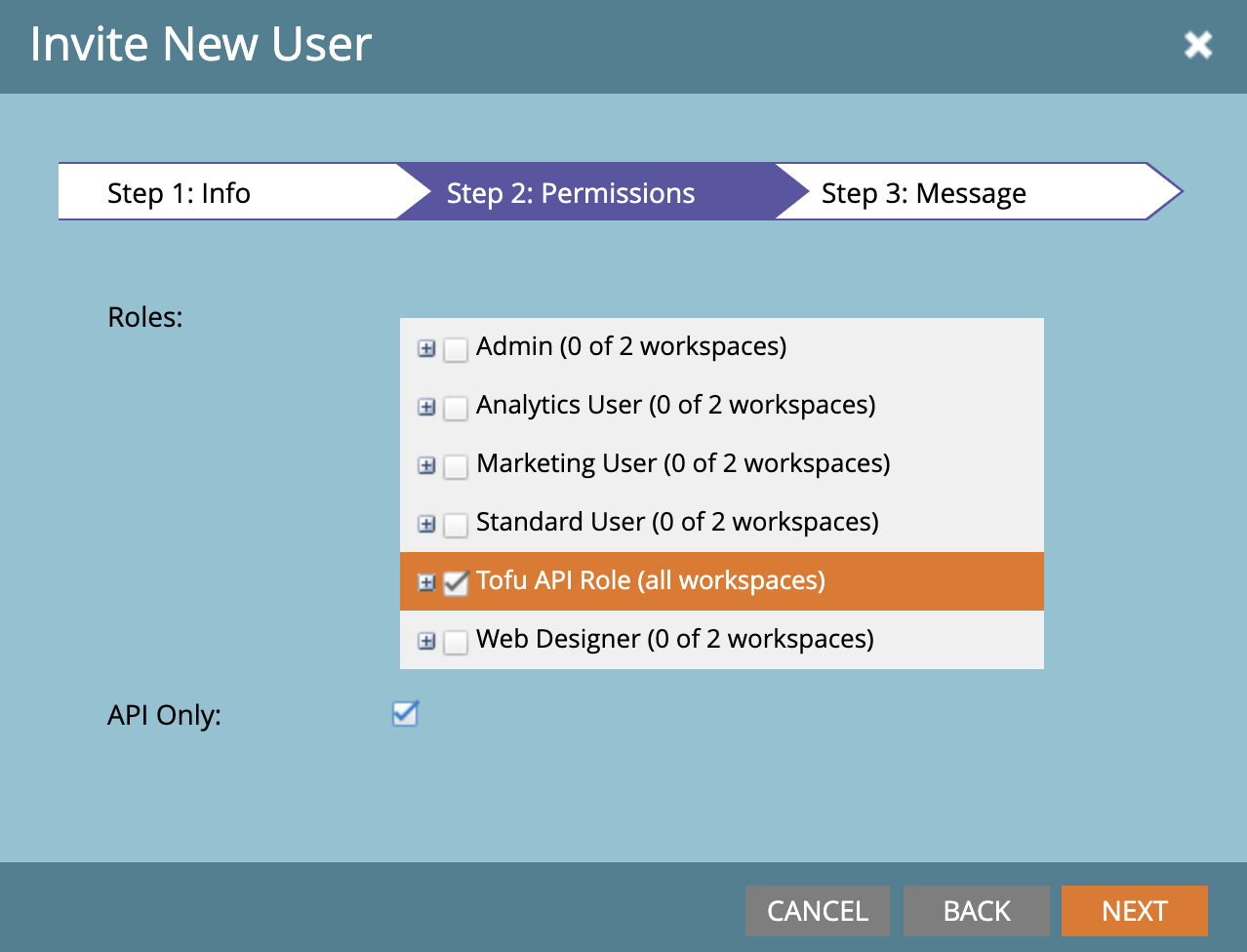 Selecting the Tofu API role and API Only option