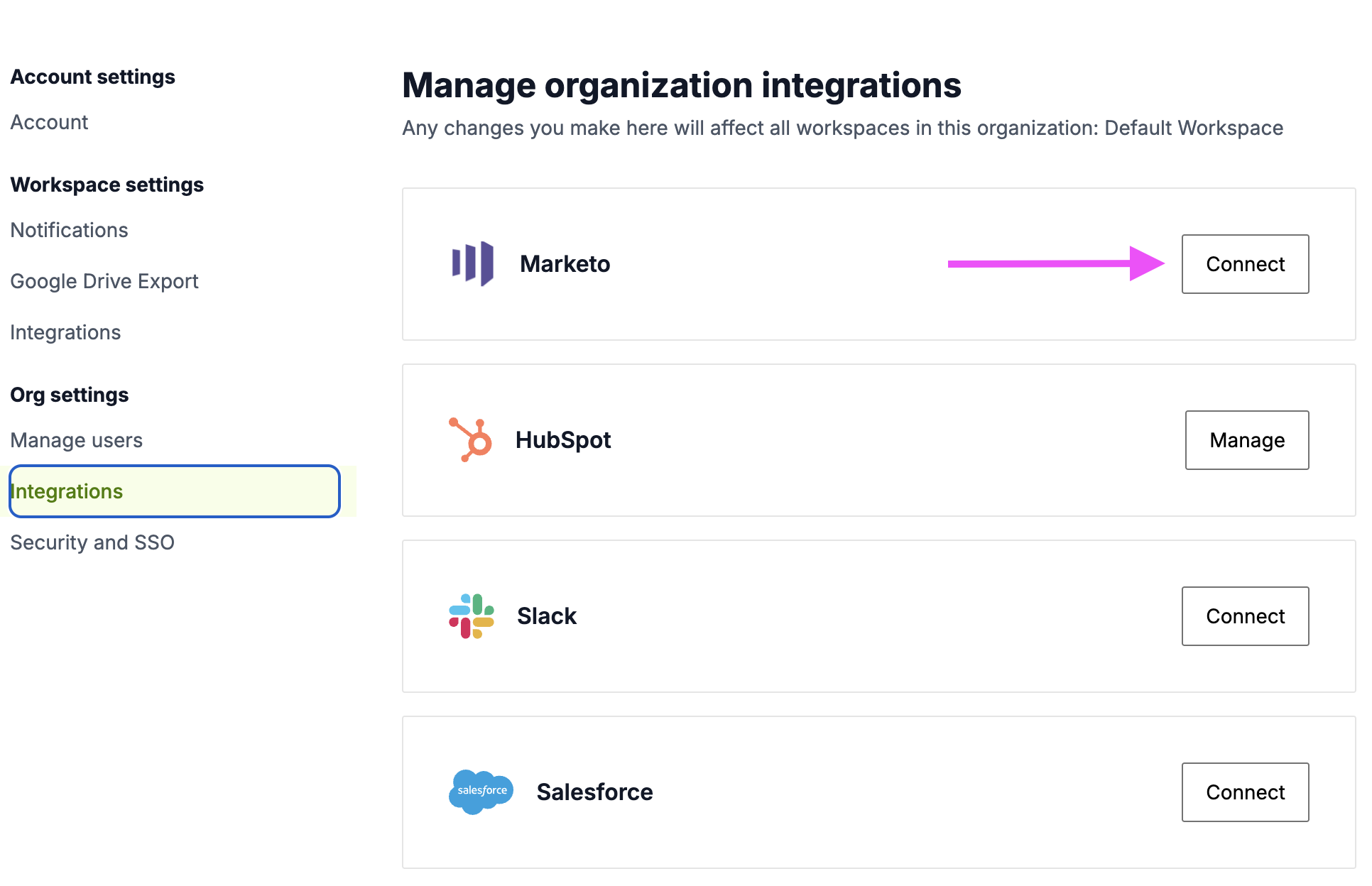 Tofu org settings showing the Marketo Connect button