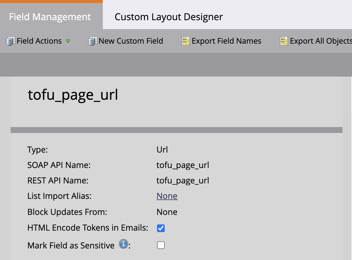 Creating the tofu_page_url field with URL type