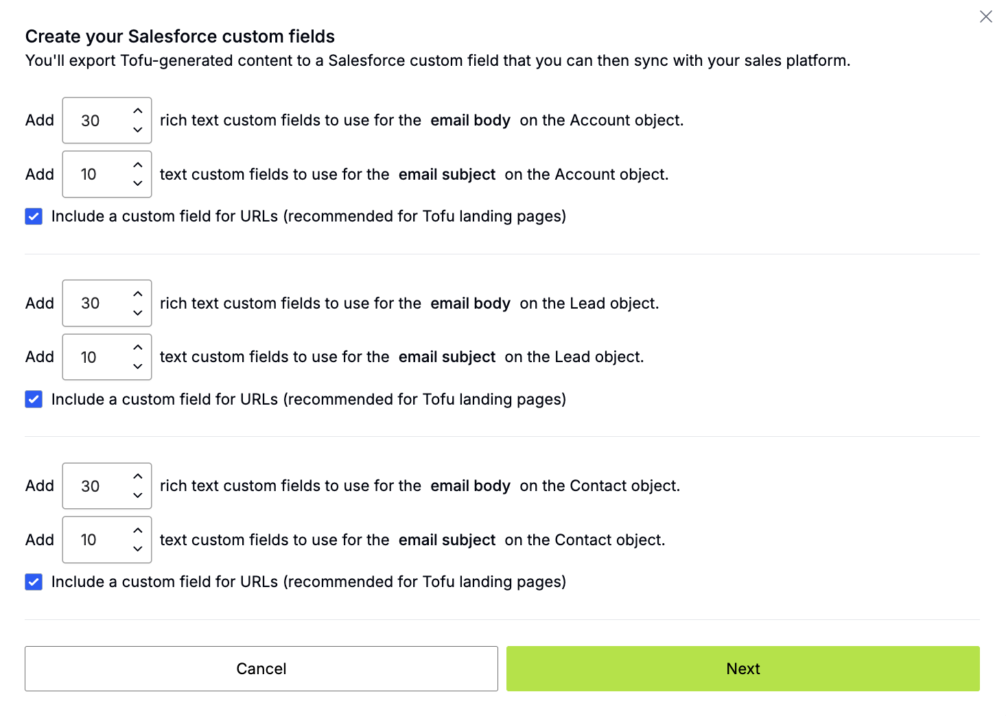 Create fields pop up with field counts