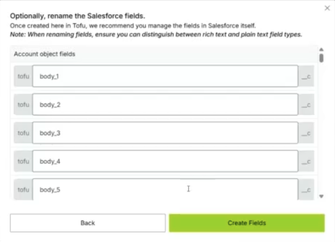 Create Fields confirmation screen
