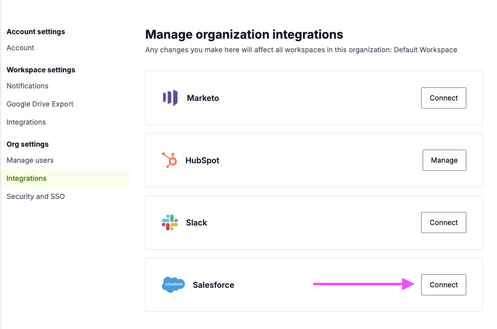 Connect Salesforce integration screen