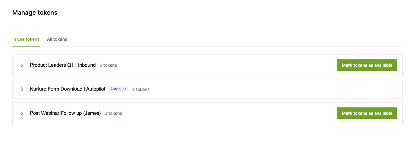 In Use Tokens view grouped by campaign